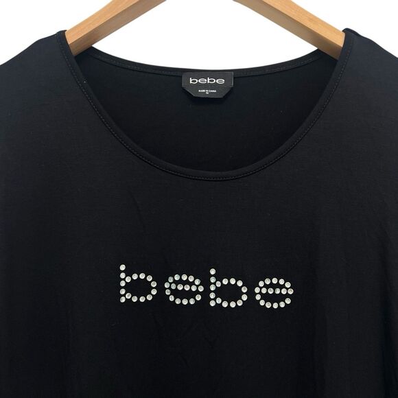 Bebe Logo Cutout Jersey Tee Blouse Black Beaded Rhinestones T-Shirt Y2K Size 1X - Picture 5 of 9